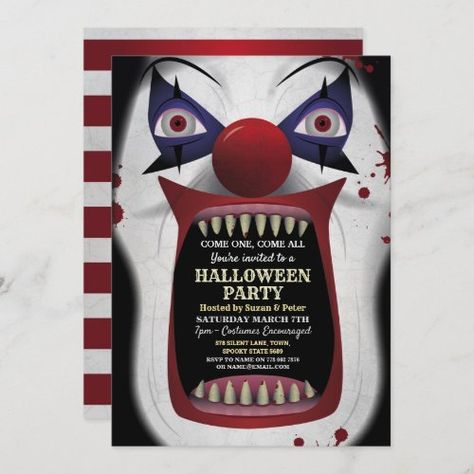 Scary Clown Halloween Party Carnival Circus Horror Halloween Invitations - invitation, halloween, halloween invite, halloween invitation, halloween spooky, halloween party, scary clown halloween, clown halloween invite, it is a scary clown, halloween clown invitation Clown Halloween Party, Horror Invitation, Circus Horror, Halloween Party Host, Halloween Party Scary, Halloween Costume Party Invitations, Halloween Invite, Costume Party Invitations, Clown Party