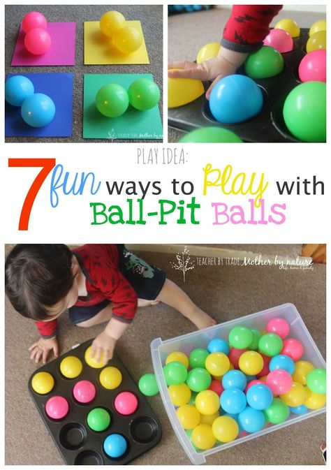 PLAY IDEA: 7 Fun Ways to Play With Ball-Pit Balls                                                                                                                                                                                 More Ball Pit Balls, Baby Sensory Play, Baby Play Activities, Baby Learning Activities, Indoor Activities For Kids, Games For Toddlers, Toddler Play, Toddler Learning Activities, Ball Pit