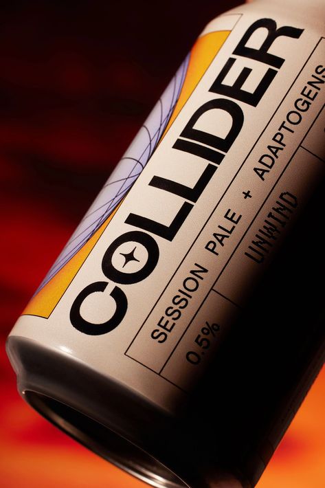 Collider is a non-alcoholic beer that transcends the realm of traditional brewing, focused on creating a sensory experience through its concoction of mood-boosting nootropic and adaptogenic ingredients. It packs all the fun of drinking beer, minus the negative impact of alcohol – a timely product that responds to the shifting consumer trends in the beverage market. To underscore Collider’s adventurous spirit, London-based strategic design agency Duzi Studio looked to the design tropes of the ’80 80s Packaging Design, Retro Futurism Branding, Futuristic Packaging Design, Retro Packaging Design, Futuristic Packaging, Futuristic Branding, Retro Futuristic Design, Alcohol Branding, Bottle Packaging Design