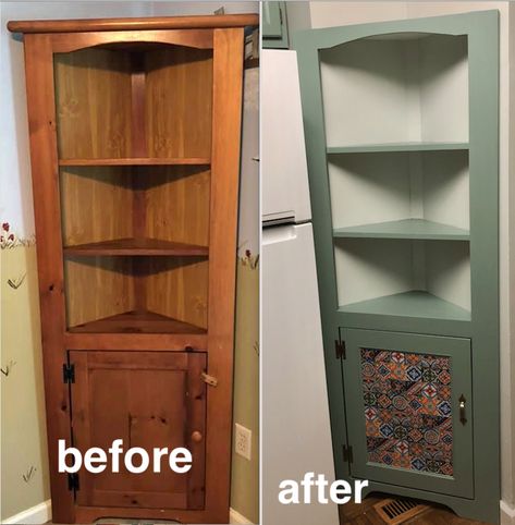 Redo Corner Cabinet, Corner Shelf Refurbished, Redone Corner Cabinet, Corner Cabinet Makeover Ideas, Corner Unit Upcycle, Corner Hutch Decor, Stacked Tile Backsplash, Corner Hutch Makeover, Corner Cabinet Makeover