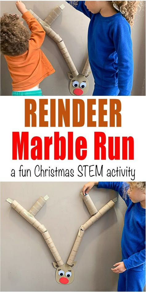 Reindeer Marble Run - HAPPY TODDLER PLAYTIME Here is a fun Holiday version of the classic kids’ STEM activity. Create a reindeer marble run for your toddler and preschooler! #christmasactivitiesforkids #stemactivities #kidsactivities Reindeer Activity Preschool, Christmas Stem Activities, Gingerbread Unit, Kids Stem Activities, December Lessons, Pegboard Wall, Kindergarten Christmas, Christmas Stem, Fun Christmas Activities