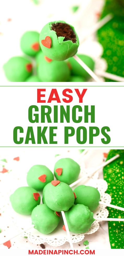 Grinch cake pops are candy-coated cake balls on sticks that are decorated to resemble everyone's favorite classic Christmas character. With a colorful candy coating around a cream cake center, Grinch cake pops taste as wonderful as they look and make a terrific addition to any holiday gathering or party! They're super easy to make and will impress everyone! Grinch Cake Pops, Different Cake Flavors, Thrifted Christmas, Cake Pops Recipe, Cake Pop Holder, Grinch Cake, Dark Chocolate Candy, Frugal Christmas, Christmas Cake Pops