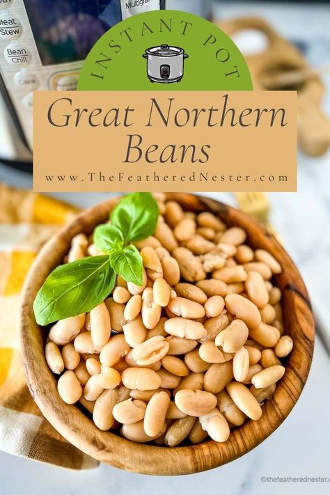 A bowl of great northern beans topped with fresh basil. Great Northern Beans Instant Pot, Instant Pot Great Northern Beans, Recipe For Great Northern Beans, Northern Beans Recipe, Great Northern Beans Recipe, Beans Instant Pot, Instant Pot Beans Recipe, Pressure Cooker Beans, Dry Beans Recipe