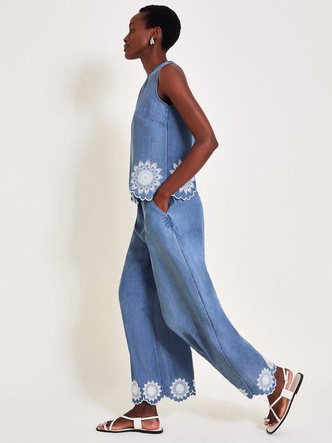 Monsoon talia embroidered top - blue Holiday Outfits Beach, Short Summer Skirts, Tencel Denim, Prom Dress Shoes, Girls Summer Tops, Occasion Wear Dresses, Scallop Hem, Boys Summer Outfits, Blue Vests