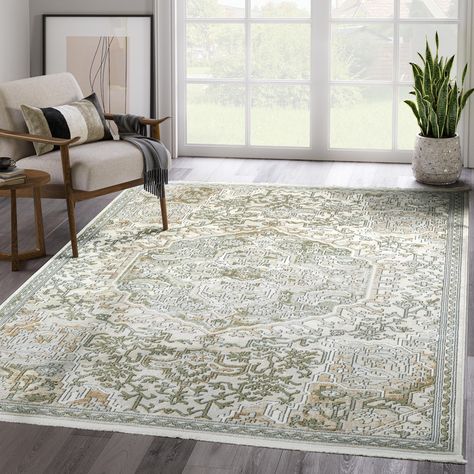 Buy Abani Savoy Collection Area Rug Mid Century Modern Bedroom Living Room Decor Floor Rug 6 x 9 Beige Green at Walmart.com Sage Green Living Room, Vintage Style Rugs, Office Area Rugs, Mid Century Modern Bedroom, Green Living Room, Office Area, Turkey Colors, Farmhouse Vintage, Transitional Rugs