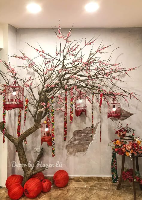 Asian New Year Decoration, Chinese New Year Tree, Vietnamese New Year Decorations, Asian Christmas Decorations, Chinese New Year Decorations Ideas, Imlek Decoration, Asian Party Decorations, Lunar New Year Decoration, Asian Party Themes