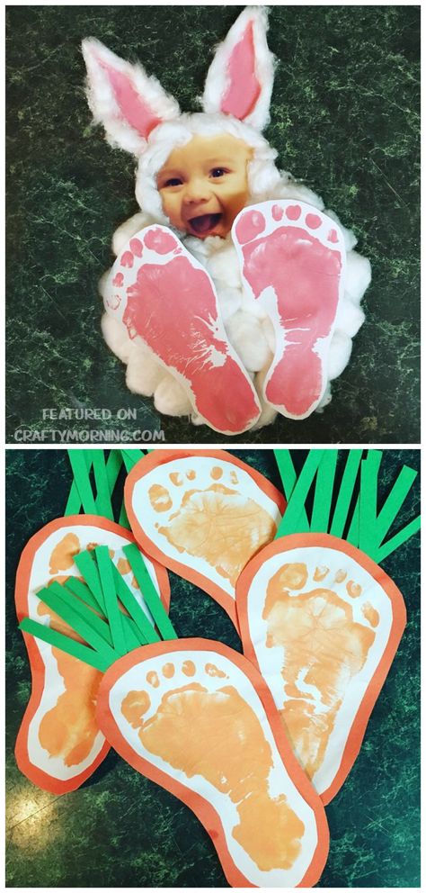 Easter footprint bunny photo keepsake craft for the kids to make! Also find footprint carrots for an easter art project. Footprint Bunny, Påskeaktiviteter For Barn, Easter Art Project, Bunny Photo, Easter Crafts For Toddlers, Keepsake Crafts, Baby Art Projects, Footprint Art, Toddler Easter