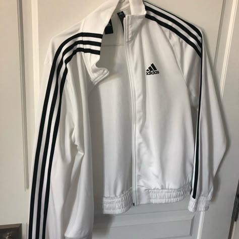 Never Worn But Washed After I Bought It, So No Tags White With Black Stripe White Adidas Jacket, Adidas Jacket Women, Adidas Track Jacket, Adidas Jackets, Adidas Track, Adidas White, White Adidas, Dream Clothes, Track Jackets