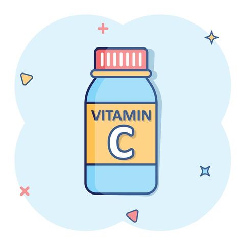 Vitamin C icon in comic style. Bottle with pill cartoon vector illustration on white isolated background. Pharmacy sign business concept splash effect. Pharmacy Cartoon, Background Pharmacy, Pharmacy Sign, Vitamin C Foods, Splash Effect, Sign Business, Food Cartoon, Business Concept, Comic Style