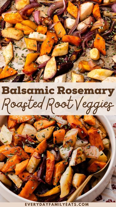 Root Veggie Bake, Roasted Root Veggies Thanksgiving, Make Ahead Roasted Root Vegetables, Rosemary Roasted Root Vegetables, Maple Roasted Root Vegetables, Roasted Root Vegetables Balsamic, Recipes With Root Vegetables, Root Vegetable Ratatouille, Roasted Vegetables With Balsamic Vinegar