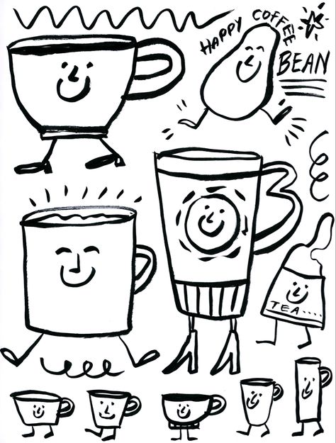 Dancing mugs with a jolly coffee bean makes smiles happen on this sketchbook page. Coffee Mug Doodle, Cute Coffee Doodles, How To Draw Coffee, Iced Coffee Doodle, Coffee Shop Doodles, Coffee Bean Character, Coffee Doodle Art, Coffee Bean Drawing, Barista Illustration