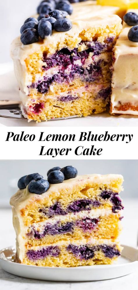 This paleo lemon blueberry layer cake is so tender, moist and flavorful, with a grain free lemon cake, juicy blueberries, and a cream cheese frosting that you won’t believe is completely dairy free. This cake is a showstopper for any celebration yet surprisingly easy to make! Gluten free, dairy free, paleo friendly. #paleo #glutenfree #cleaneating #paleobaking #glutenfreebaking #healthybaking Paleo Cake Recipes, Lemon Blueberry Layer Cake, Cake Gluten Free Dairy Free, Blueberry Layer Cake, Dairy Free Cream Cheese Frosting, Blueberry Cake Recipe, Paleo Baking Recipes, Gluten Free Lemon Cake, Paleo Running Momma