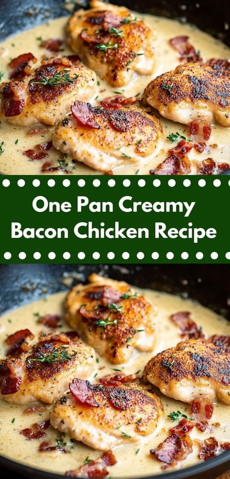 Need a quick and flavorful meal? This One Pan Creamy Bacon Chicken Recipe is the ultimate solution, delivering creamy goodness and crispy bacon all in one dish, ideal for a stress-free family dinner. Keto Chicken And Bacon Recipes, Chicken Bacon Recipes Healthy, Bacon Chicken Recipes For Dinner, One Pan Italian Chicken Skillet, Bacon Chicken Thigh Recipe, Creamy Bacon Chicken Delight, Best Pan Chicken, Bone And Skin Chicken Thigh Recipes, Chicken Bacon Skillet Recipes