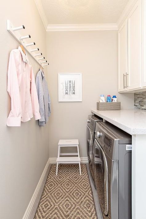 Long and Narrow Laundry Room with Diamond Jute Rug - Transitional - Laundry Room Small Space Laundry Room, Narrow Laundry Room Ideas, Small Space Laundry, Diamond Jute Rug, Transitional Bathroom Design, Narrow Laundry, Transitional Laundry Room, Grey Laundry Rooms, Small Utility Room