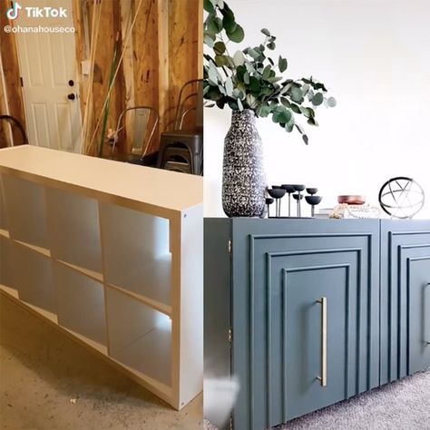 Diy Kallax Upgrade, Kallax Barn Door Hack, Kallax Upgrade, Cube Styling, Bookshelf Upgrade, Ikea Kallax Bookshelf, Ikea Cubes, Diy Tiktok, Ikea Shoe Cabinet