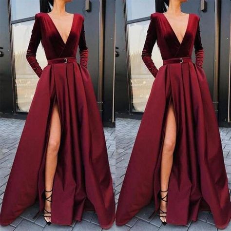 c5cc17e395d3049b03e0f1ccebb02b4ddesc45967352ri Split Prom Dresses, Long Sleeve Ball Gowns, Burgundy Maxi Dress, Evening Dress Long, Plain Maxi Dress, Long Sleeve Evening Gowns, Long Sleeve Evening Dresses, Red Cocktail Dress, Long Sleeve Gown