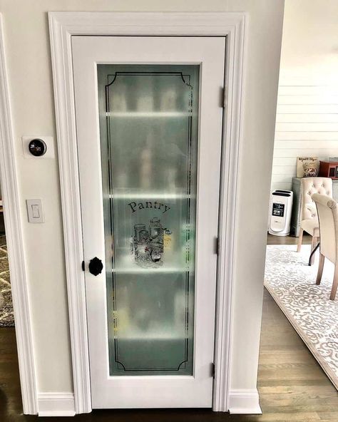 Frosted Glass Pantry Doors, Pantry Doors With Glass Panels, Pantry Door Ideas Farmhouse Style, Glass Pantry Door Ideas, Pantry Door Design, Diy Pantry Door, Frosted Pantry Door, Mirror Makeover Diy, Painted Pantry Doors