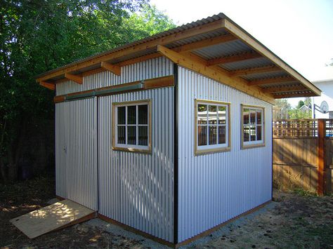 Storage Sheds Ideas Backyard, Shed Roof Cabin, Backyard Sauna, Corrugated Metal Siding, Garden Shed Diy, Outdoor Studio, Metal Building Designs, Tin Shed, Backyard Storage Sheds