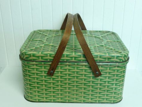 Vintage Tin Metal Picnic Basket, Bright Jadeite Green Lithograph Basket Weave with Wooden Handles Western Picnic, Green Picnic, Kitchen Nostalgia, Tin Basket, Travel Trailer Decor, Cottagecore Life, Picnic Items, Hoosier Cabinets, Vintage Picnic Basket