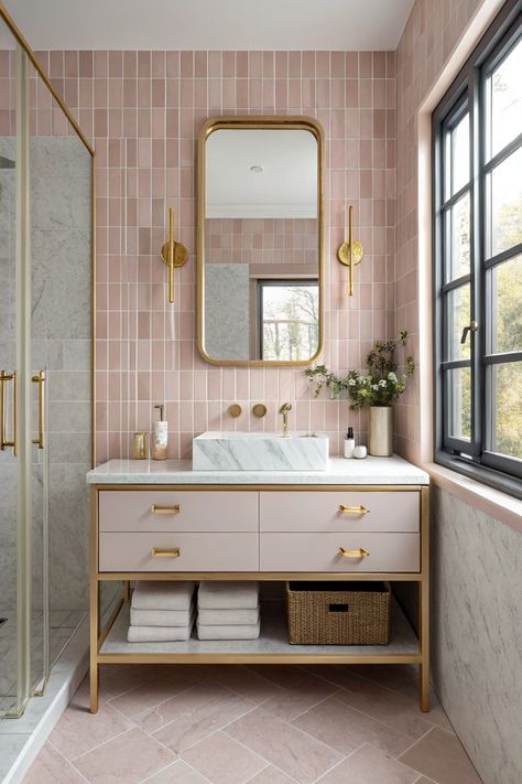 Explore the beauty of blush pink tiles paired with gold accents in a stylish bathroom vanity area. Get inspired for your renovation! #BlushPink #BathroomDesign Blush Pink Vanity Bathroom, Modern Pink Bathroom Tile, Modern Pink Tile Bathroom, Bathroom Ideas Gold Accents, Pink Ensuite Bathroom, Pink Tiled Bathroom, Pink Terrazzo Bathroom, Girl Bathroom Ideas, Pink Bathroom Tile