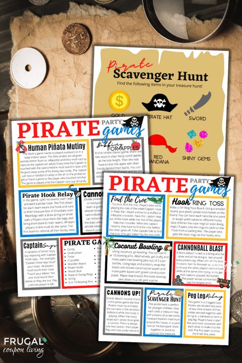 Arrggh... Are you planning a pirate birthday party? Check out the coolest pirate party games and activities that are entertain the rowdiest of pirate crews. From a treasure scavenger hunt to a peg leg relay, these include some of the best games for kids that fit any pirate themed birthday party. Fun times ahead! Adult Pirate Party Ideas, Coconut Bowling, Pirate Scavenger Hunts, Pirate Party Ideas, Pirate Party Food, Pirate Food, Pirate Party Games, Fun Holiday Games, Toddler Party Games