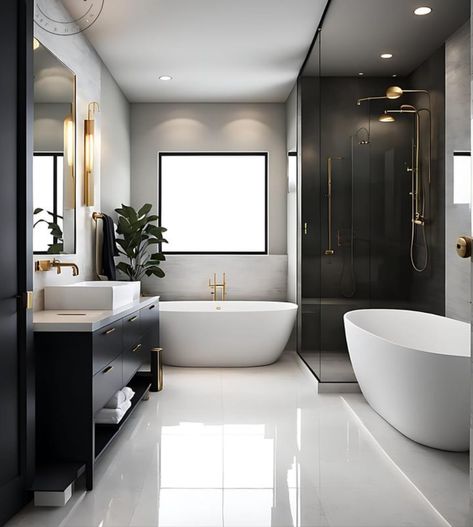 Black And White Master Bath, All Black Bathroom, White Bathroom Decor, New Bathroom Ideas, Bathroom Decor Luxury, Bathroom Design Decor, En Suite Bathroom, Interior Concept, Dream House Rooms