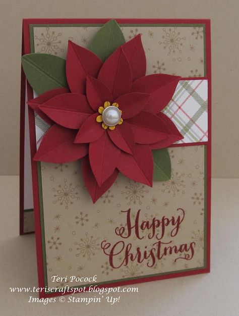 Stampin' Up! - Festive Flower Punch ....  Teri Pocock - http://teriscraftspot.blogspot.co.uk/2015/11/festive-flower-punch.html Stampin Up Weihnachten, Cake Background, Flower Punch, Poinsettia Cards, Christmas Card Inspiration, Homemade Christmas Cards, Birthday Calendar, Christmas Card Crafts, Crumb Cake