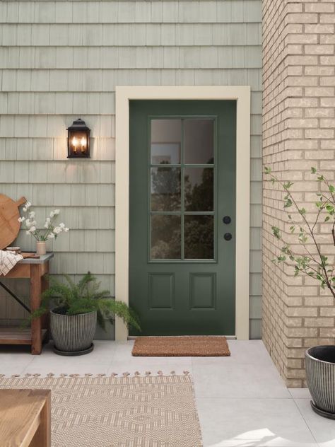 HGTV Home by Sherwin-Williams Announces 2023 Color Collection of the Year | HGTV Green Exterior House Colors, Green Front Doors, Tiles Designs, Exterior Wall Tiles, Front Door Paint Colors, Wall Decoration Ideas, Trending Paint Colors, Exterior House Color, Door Paint Colors