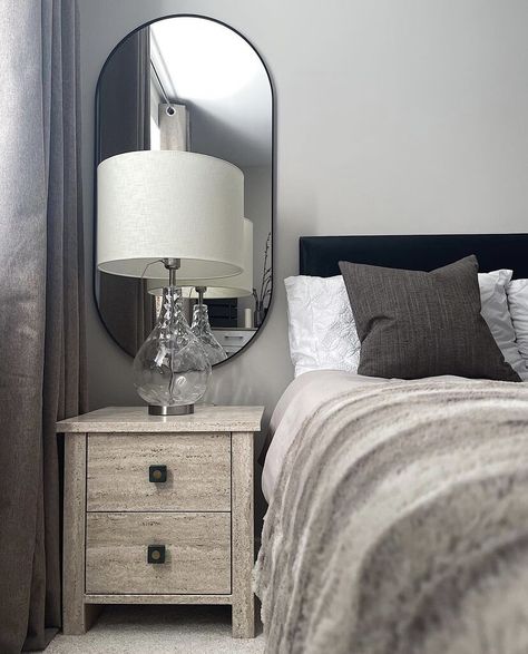 Mirror Behind Bedside Table, Mirrors Behind Bedside Tables, Wall Bedside Table, Mirror Bedside Table, Bedside Table Decor, Modern Apartment Living Room, Craft Spaces, Grey Headboard, Side Table Decor