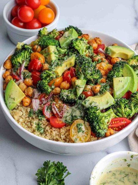 Roasted Broccoli & Quinoa Salad - Munchmeals by Janet Broccoli Quinoa Salad, Broccoli And Quinoa, Creamy Vinaigrette, Ranch Chickpeas, Seasoned Chickpeas, Broccoli Quinoa, Nourish Bowls, Quinoa Broccoli, Lentils And Quinoa