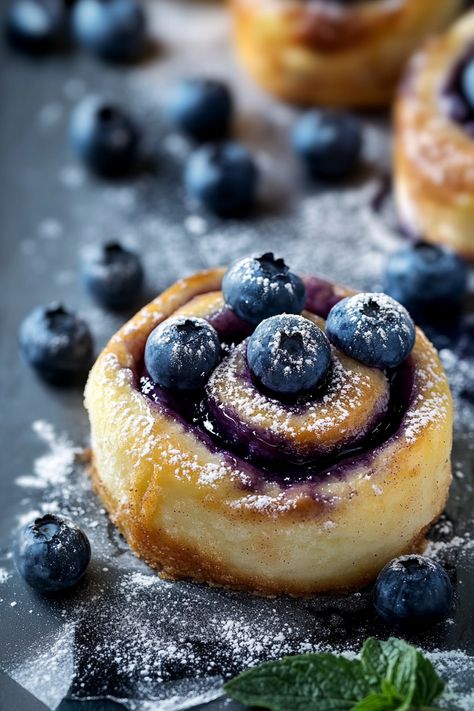 Blueberry Cinnamon Rolls Savory Blueberry Recipes, Dessert Images, Blueberry Glaze, Blueberry Cinnamon Rolls, Xmas Morning, Breakfast Coffee Cake, Oreo Stuffed Chocolate Chip Cookies, Baking Aesthetic, Frozen Cheesecake