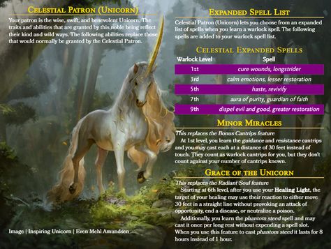 Warlock Patron: Unicorn [v2] | Patreon Warlock Ideas, Warlock Patron, Dnd Warlock, Warlock Spells, Lady Amalthea, Warlock Dnd, D D Classes, Dnd Ideas, Ascii Art