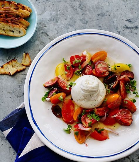 Mixed tomato salad with burrata recipe :: Gourmet Traveller Salad With Burrata, Burrata Recipe, Recipes Gourmet, Vegetable Soup Healthy, Burrata Salad, Lots Of Food, Plane Ticket, Summer Salad Recipes, Healthy Vegetables