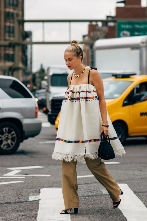 NYFW Day 6 Dress Over Pants Street Style, Pants Street Style, Chloe King, Summer Street Styles, King Dress, King Style, 2020 Street Style, Dress Over Pants, Street Style New York