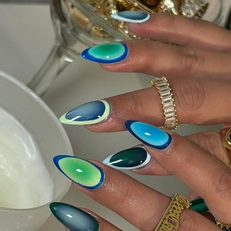 Nail Inspo Medium Almond, Maximalist Nails Almond, Almond Nails Airbrush, Funky Acrylic Nails, Gelx Apres Nails, Colorful Airbrush Nails, Airbrush Nails Blue, Almond Nails Aura Design, Mismatched Nail Art