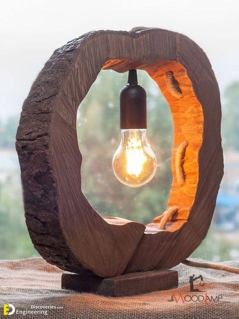 60 Amazing wooden Table - Engineering Discoveries Rustic Lighting Diy, Takken Decor, Wooden Lamps Design, Wood Lamp Design, Driftwood Lamp, Diy Lampe, Round Lamp, Lamp Wood, Rustic Bathroom Decor