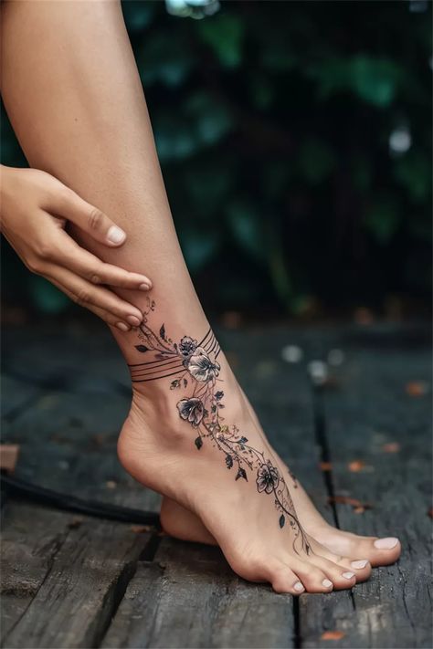 Ankle Tattoo Ideas Female, Ankle To Foot Tattoos For Women, Delicate Foot Tattoos For Women, Dragon Ankle Tattoo Wrap Around, Women’s Ankle Tattoo, Pretty Ankle Tattoos For Women, Ankle Tatoos Woman, Be Where Your Feet Are Tattoo, Feminine Forearm Tattoos For Women