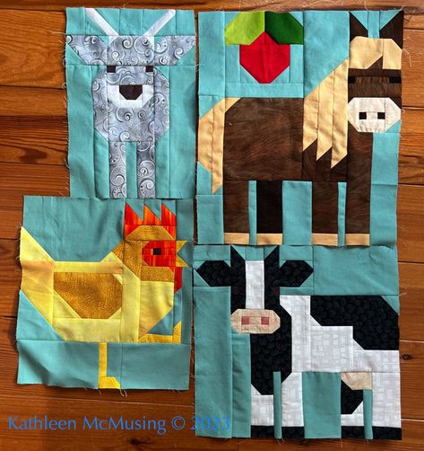 Blind Hem Tutorial, Knitted Quilt, Animal Quilt Blocks, Farm Quilt Patterns, Farm Quilts, Farm Animal Quilt, Farm Pattern, Bird Quilt Blocks, Chicken Dance