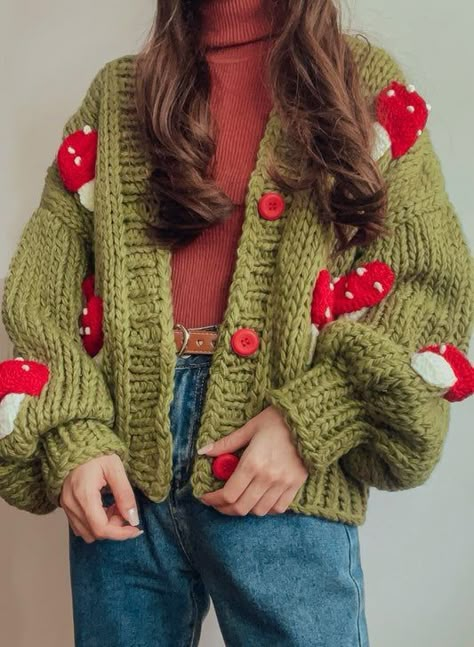 Mushroom Cardigan Outfit, Mushroom Sweater Crochet, Funky Winter Outfits, Knit Mushroom, Puffy Crochet, Mushroom Cardigan, Mushroom Outfit, Fashion 23, Crochet Sweater Design