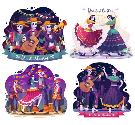 conjunto de paquete de dia de muertos con un par de calaveras bailando al son de la música y los músicos de esqueletos celebran el dia de los muertos. ilustración vectorial plana Dia De Muertos, Clip Art, Art