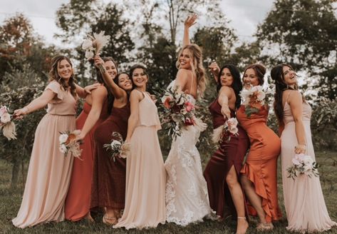 Maroon, Blush, and Burnt Orange Bridesmaids Dresses Rust Colored Bridesmaid Dresses, Colour Bridesmaid Dresses, Colored Bridesmaid Dresses, Burnt Orange Bridesmaid Dresses, Rust Bridesmaid Dress, Rust Colour, Orange Bridesmaid, Fall Bridesmaids, Orange Bridesmaid Dresses