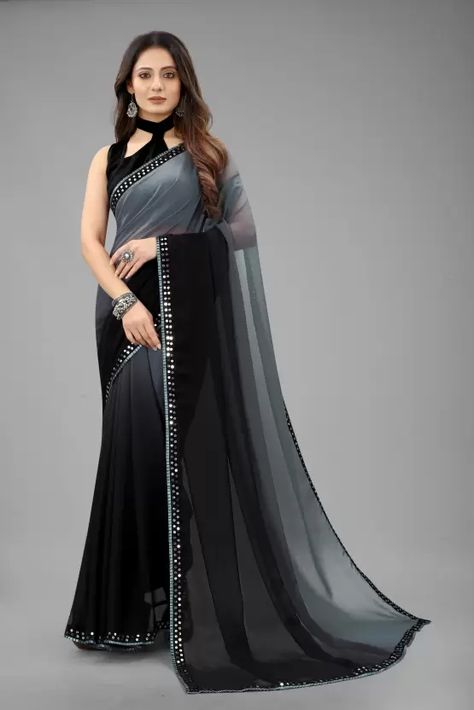 Plain Georgette Saree, Party Wear Gowns, Pure Georgette Sarees, Fancy Sarees Party Wear, Saree Designs Party Wear, Black Saree, Trendy Sarees, Georgette Saree, Stylish Dress Designs