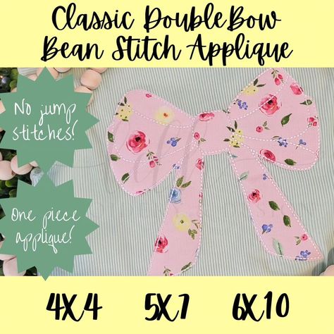 This classic double bow has been super popular as an e-stitch applique and now it's available in a bean stitch! This one also has no jump stitches AND it's only 1 piece of fabric for the whole applique. 🙌🙌🙌 Ribbon Style, Applique Stitches, Bean Stitch, Grand Millennial, Double Bow, Applique Embroidery, Applique Embroidery Designs, Satin Stitch, Embroidery Applique