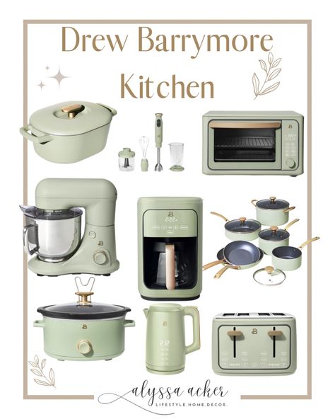 French Kitchen Appliances, Retro Style Appliances, Green Kitchen Appliances Aesthetic, Walmart Beautiful Appliances, Kitchen Appliance Aesthetic, Sage Kitchen Appliances, Retro Style Kitchen Ideas, Colorful Appliances In Kitchen, Cute Kitchen Appliances Aesthetic