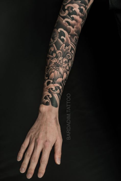 Black And Grey Forearm Tattoo Men, Black Grey Sleeve Tattoo, Chrysanthemum Tattoo Men, Japanese Sleeve Tattoos Black And Grey, Japanese Filler Tattoos, Men Japanese Tattoo, Japanese Tattoo Black And Grey, Japanese Elbow Tattoo, Men’s Sleeve Tattoo