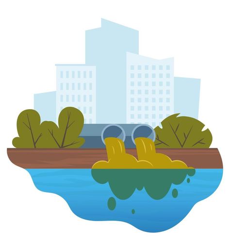 Dirty water stems from the pipe polluting the river. Discharge of liquid chemical waste. City in the background. The danger for the environment. Flat vector illustration for infographics. Mood Poster, Chemical Waste, Drainage Ditch, Liquid Waste, Contaminated Water, Water Pictures, Text Logo Design, Water Drawing, Flat Vector Illustration