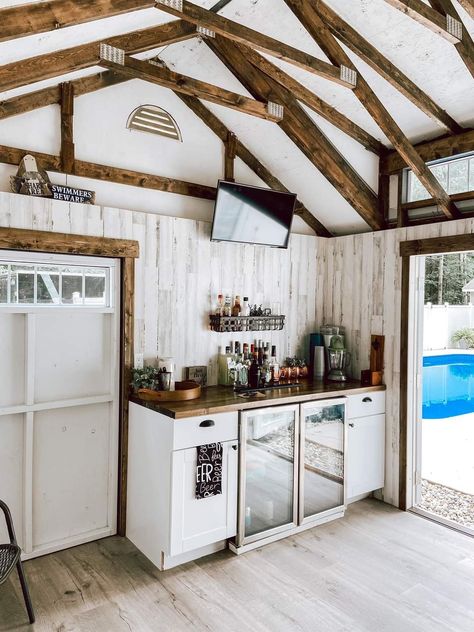 She Shed Bar Ideas, Shed Pool House Ideas, Pool Shed Interior, Pool And Outdoor Kitchen Ideas, Small She Shed, Shed Transformation, She Shed Interior Ideas, Pool House Bar, Shed Bar Ideas