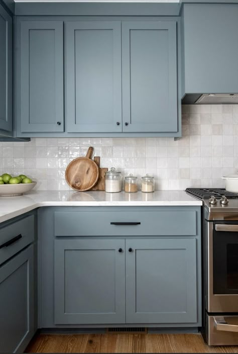 Farrow And Ball Denimes, Blue Gray Kitchen Cabinets, 2024 Color Palette, Fixer To Fabulous, Grey Blue Kitchen, Cabinet Color Ideas, Kitchen Cabinet Color Ideas, Kitchen Cabinet Color, Makeover Kitchen