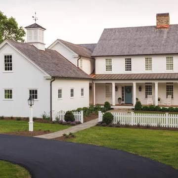 Cedar Shake Roof White House, Metal Shingle Roof Combo, White House Cedar Roof, White House Copper Accents Exterior, Metal Accent Roof Porch, Brown Roof Ranch House, Bronze Metal Roof White House, White House Brown Shingles, Farmhouse Roof Colors