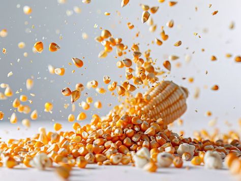 Photography of CORN falling from the sky, hyperpop colour scheme. glossy, white background Fresh corn cobs and seeds on stock images Corn Photography, Corn Garden, Corn Grain, Falling Skies, Falling From The Sky, Corn On Cob, Creative Idea, Grain Texture, Fresh Corn